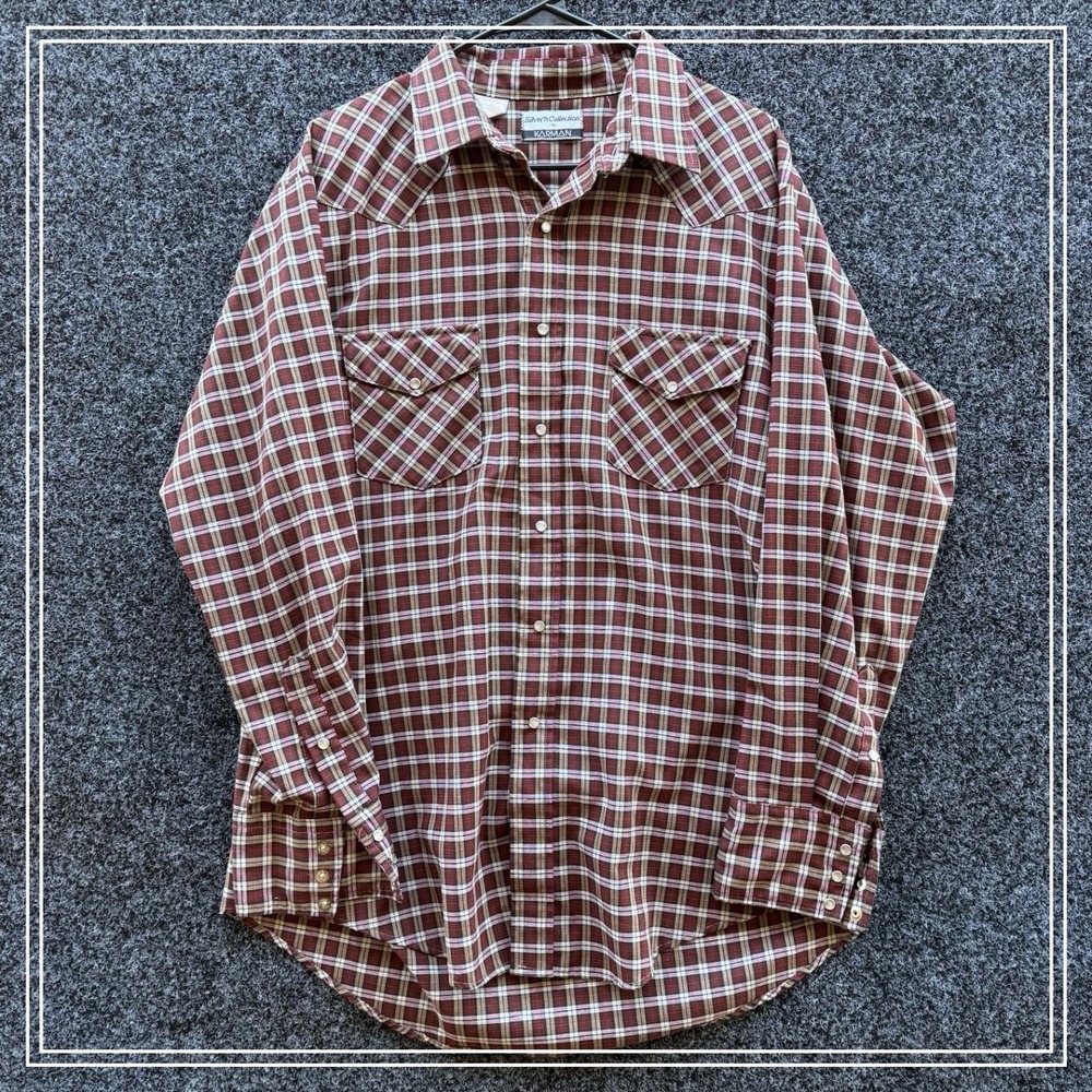 VTG Karman Pearl Snap Western Shirt Mens Sz XL Red Blue Plaid Cowboy Rockabilly